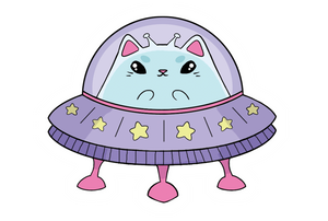 Alien-themed cat in UFO graphic sticker.