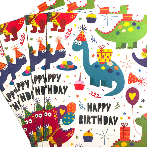 Eco-friendly wrapping paper with colorful dinosaur birthday theme design.