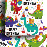 Eco-friendly wrapping paper with colorful dinosaur birthday theme design.