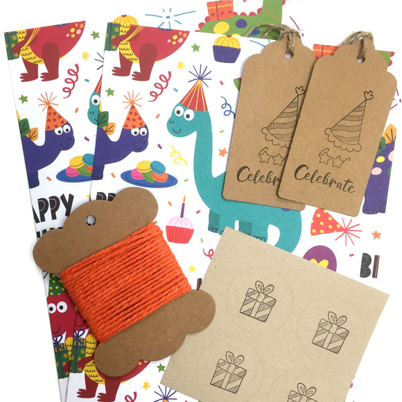 Eco-friendly wrapping paper with colorful dinosaur patterns.