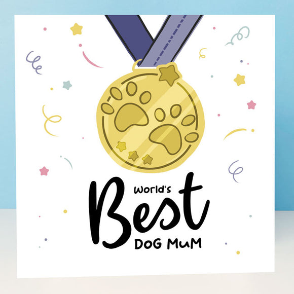 Card with medal celebrating top dog mom achievement.