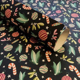 Colorful wrapping paper with candy cane design, eco-friendly and recyclable.