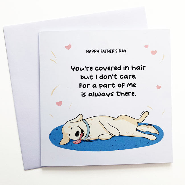 Golden Retriever with a poem celebrating Father's Day, humorous and heartfelt.