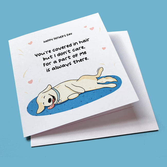 Golden Retriever with a poem celebrating Father's Day, humorous and heartfelt.