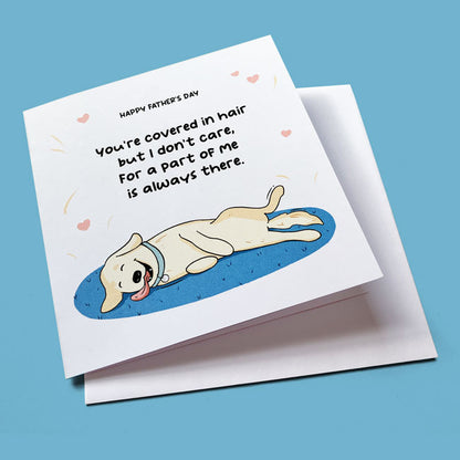 Golden Retriever with a poem celebrating Father's Day, humorous and heartfelt.