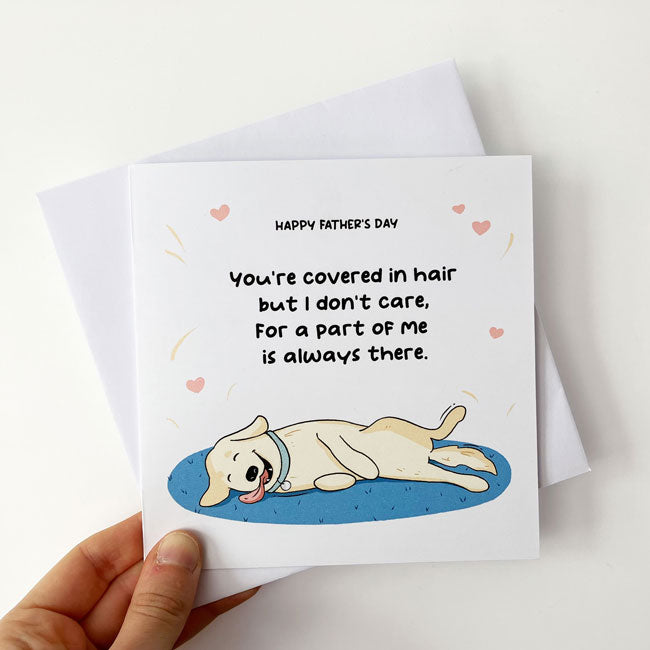 Golden Retriever with a poem celebrating Father's Day, humorous and heartfelt.