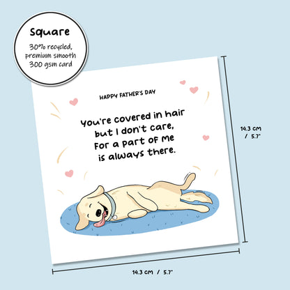 Golden Retriever with a poem celebrating Father's Day, humorous and affectionate.