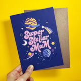Greeting card with "Super Stellar Mum" text and sparkling star design.