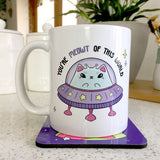 Whimsical mug with space-themed cat designs floating among stars and planets.