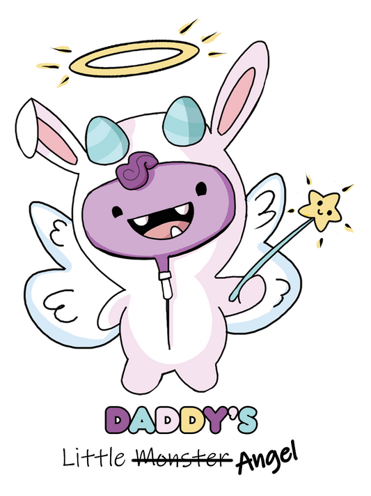Sticker with text "Daddy's Little Monster" in playful font.