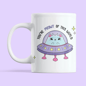 Cat mug with space-themed design, "Meowt Of This World".