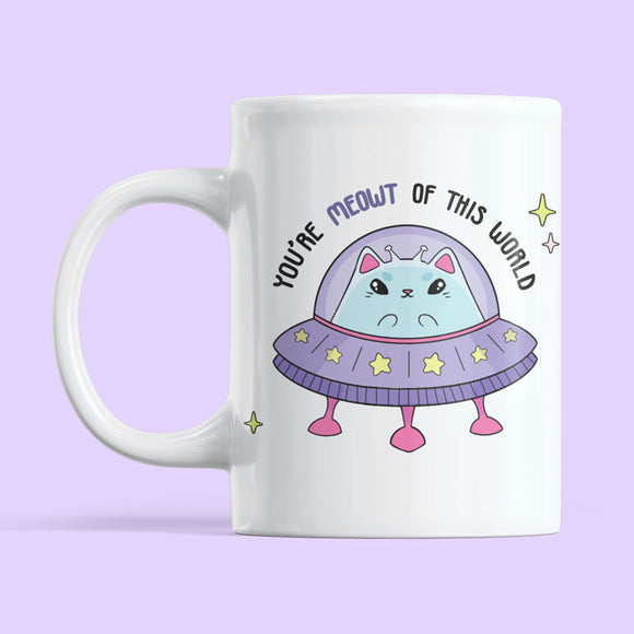 Cat mug with space-themed design, 