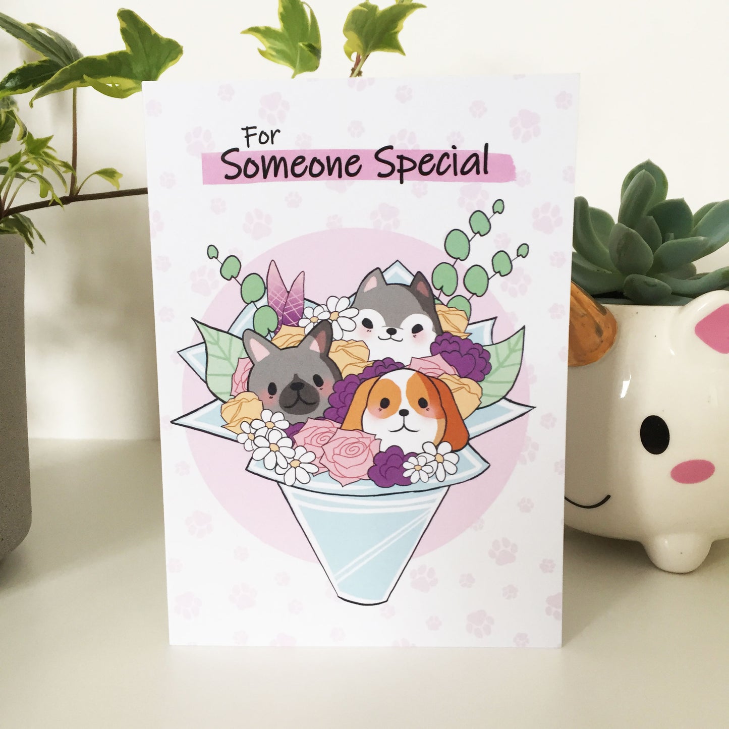 Bouquet-shaped birthday card with puppies for a special someone's celebration.