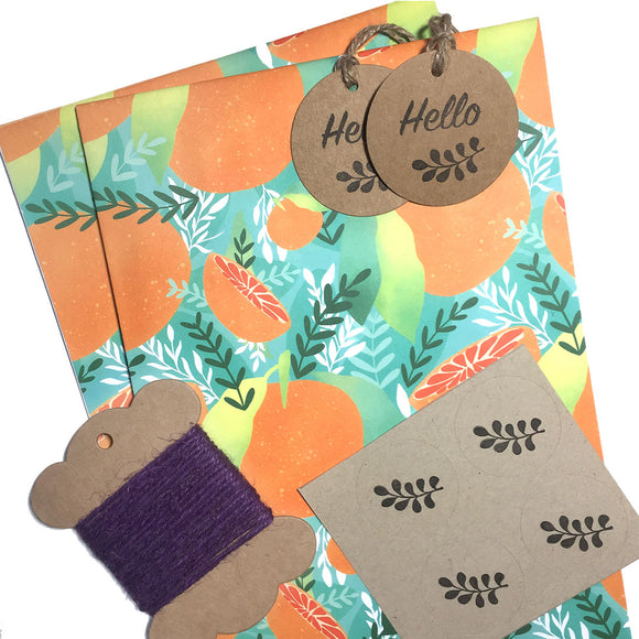 Eco-friendly Tropicana-themed orange patterned gift wrap set.