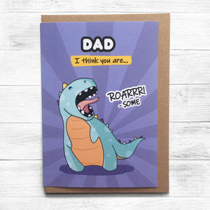 Dinosaur-themed greeting card celebrating a "Roarsome" father.