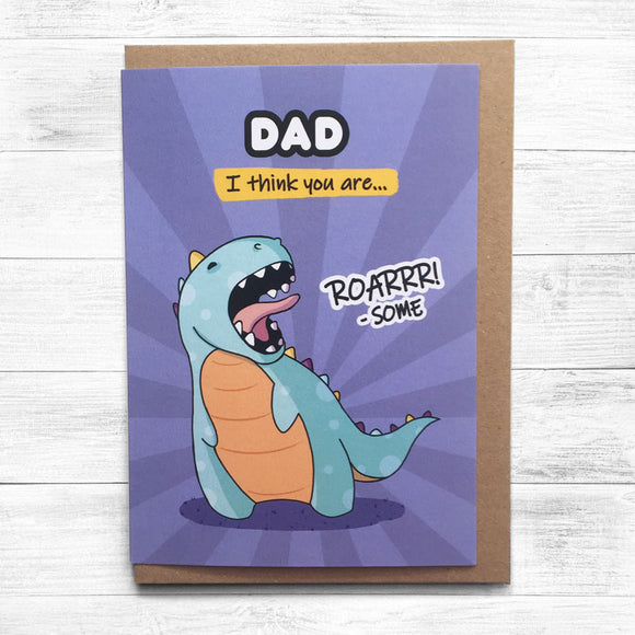 Dinosaur-themed greeting card celebrating a 