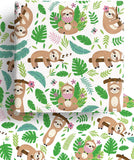 Colorful wrapping paper featuring cartoon sloths hanging from jungle vines.