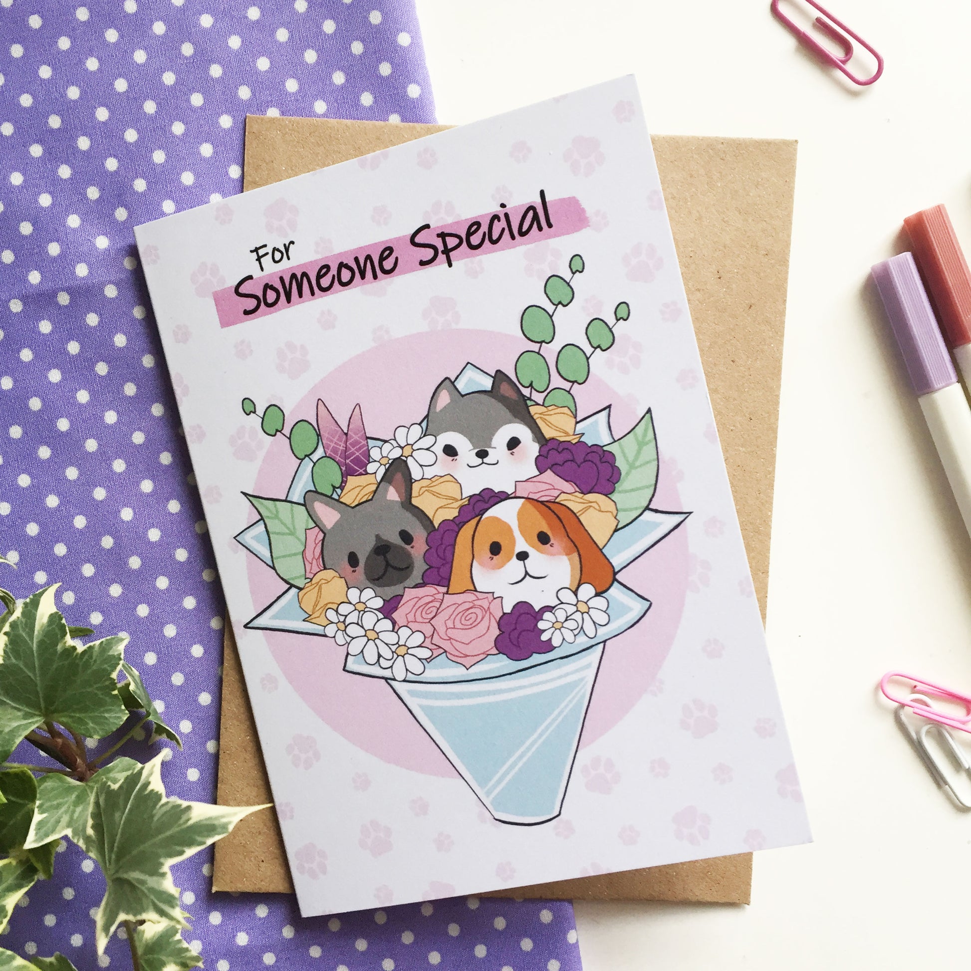Bouquet-shaped card with puppies for a special person's birthday celebration.