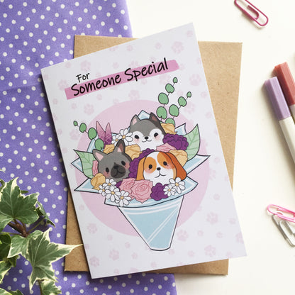 Bouquet-shaped card with puppies for a special person's birthday celebration.
