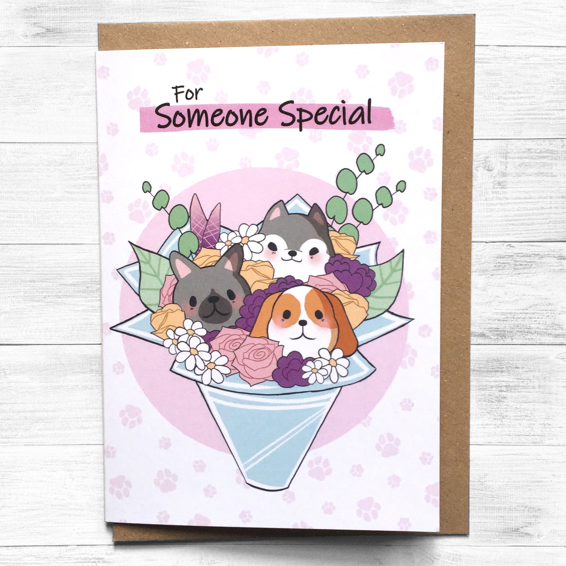 Birthday card featuring a bouquet shaped like a puppy.