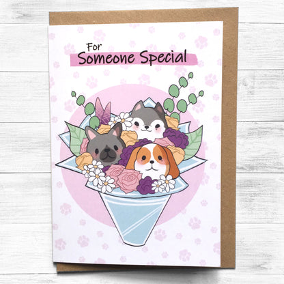Birthday card featuring a bouquet shaped like a puppy.